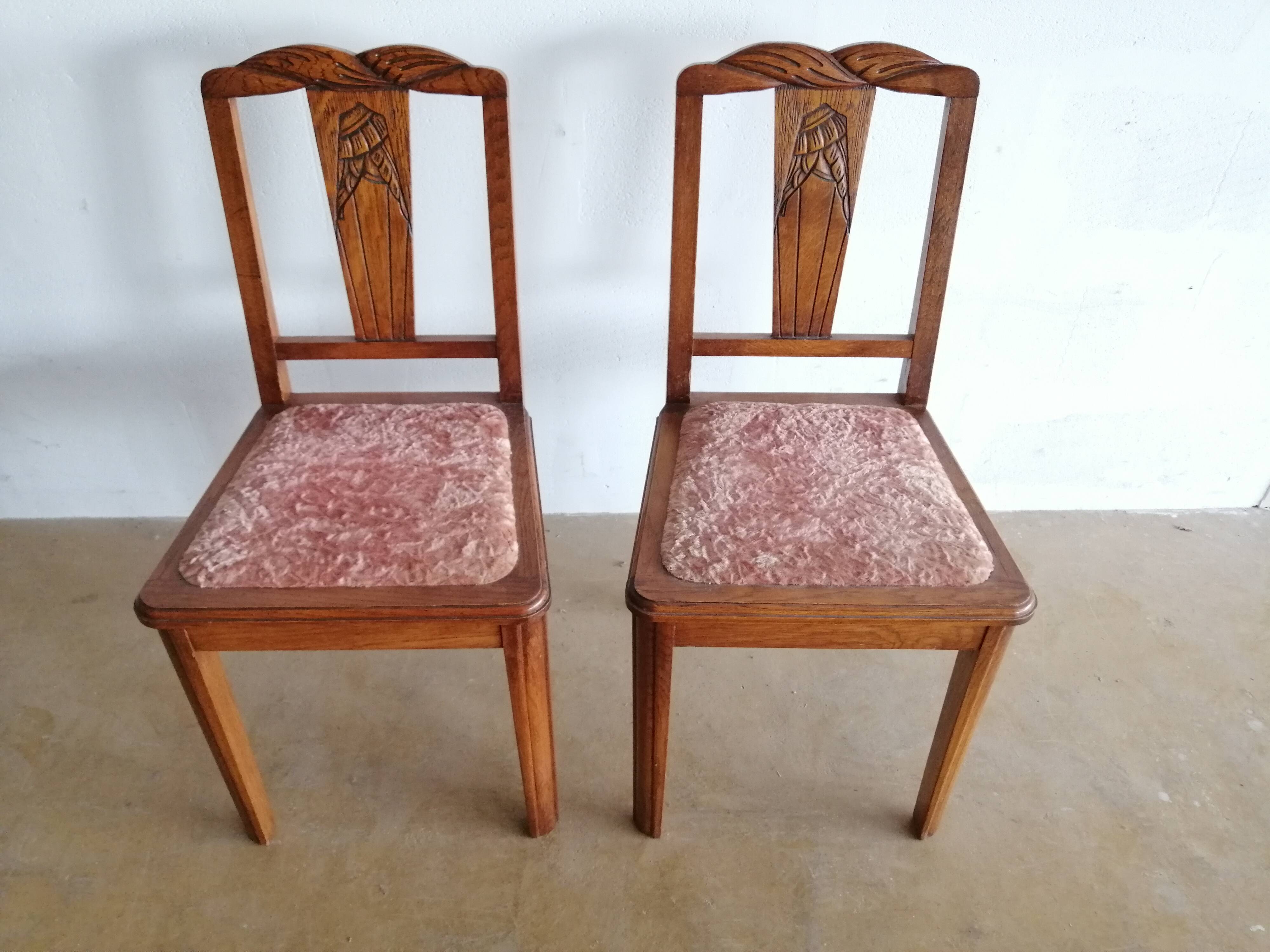 Lot de 2 chaises années 50 chêne et velours rose