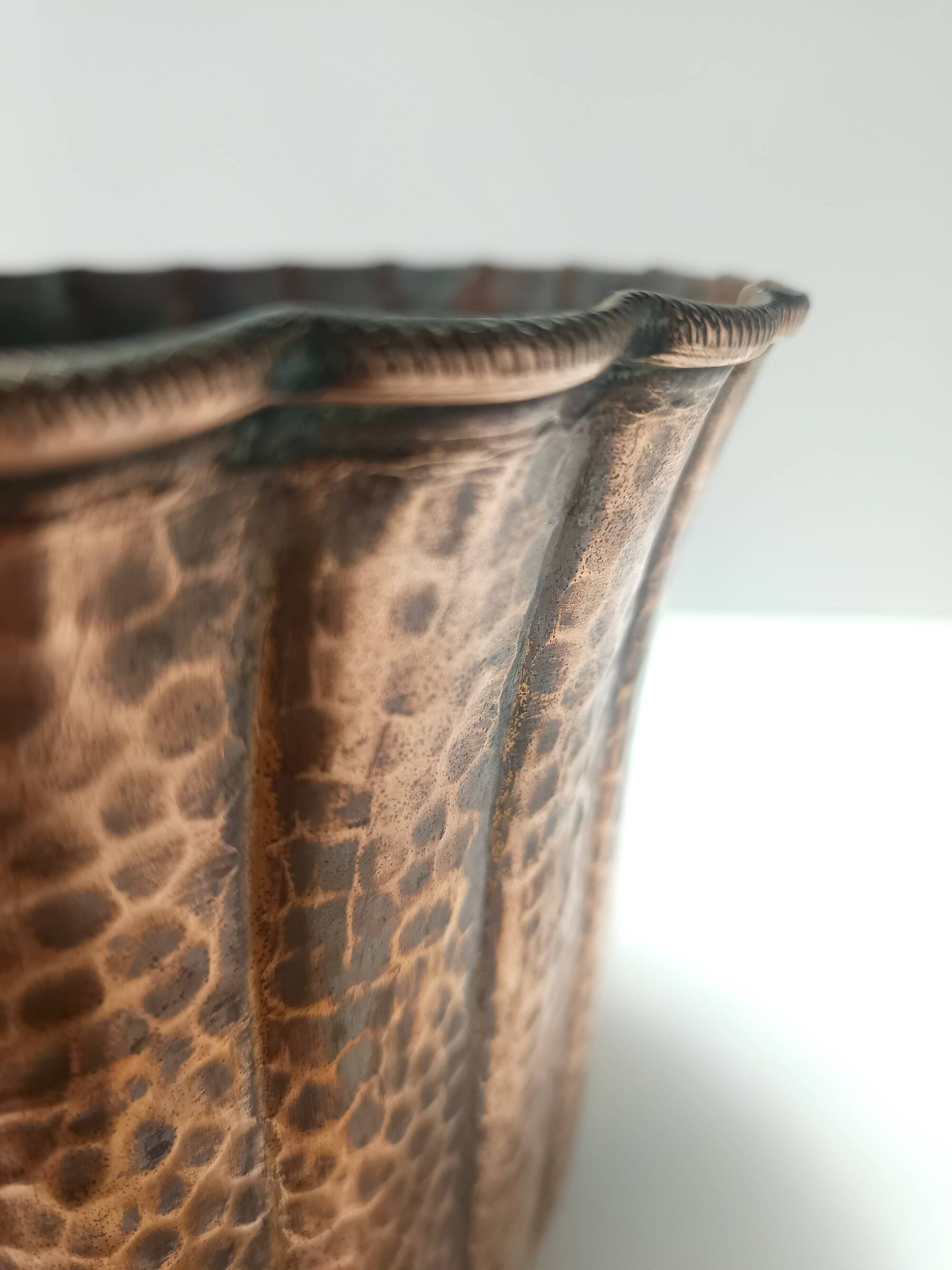 Round Embossed Copper Cachepot / Vase in the style of Egidio Casagrande