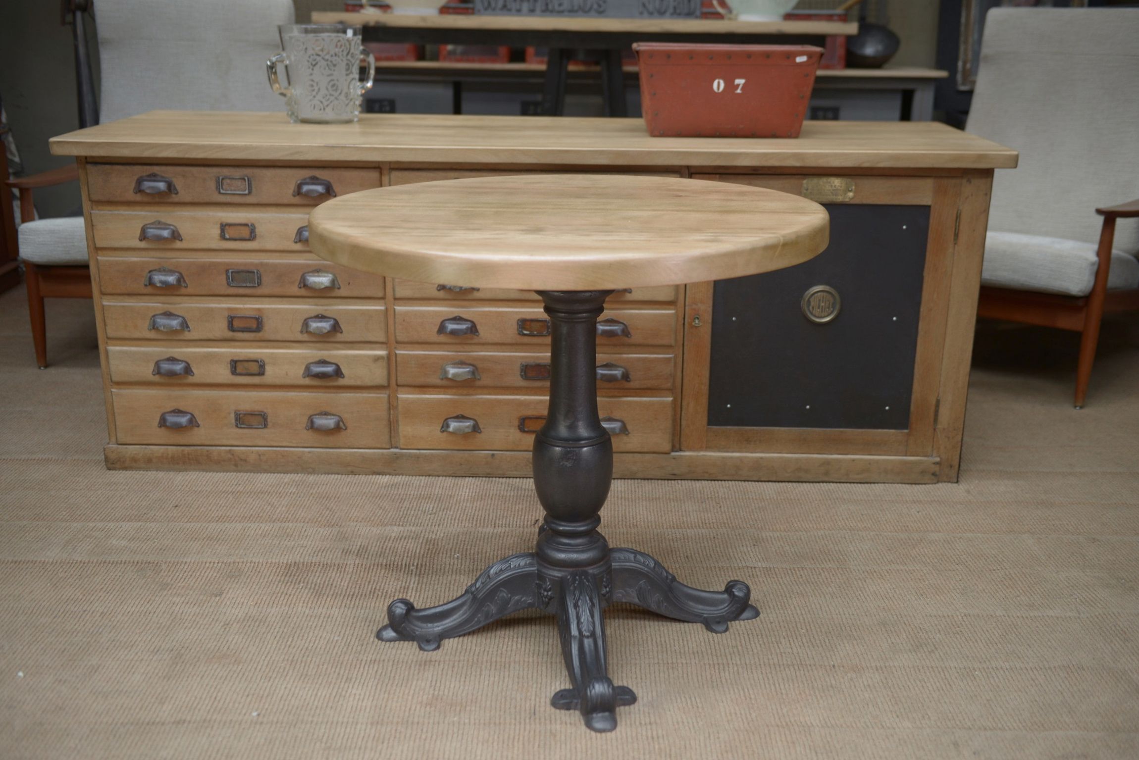 Cast iron pedestal table 1900 Round beech top