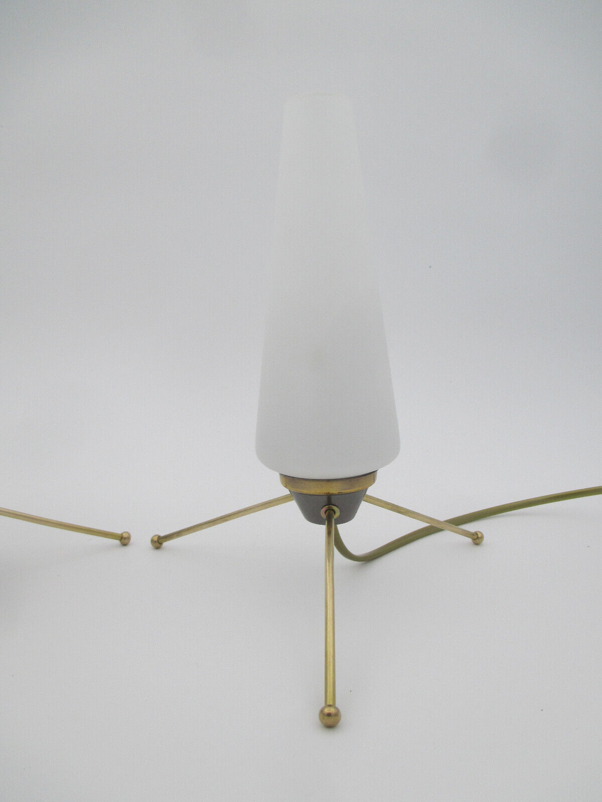 Pair of vintage brass tripod lamps and opaline tulips