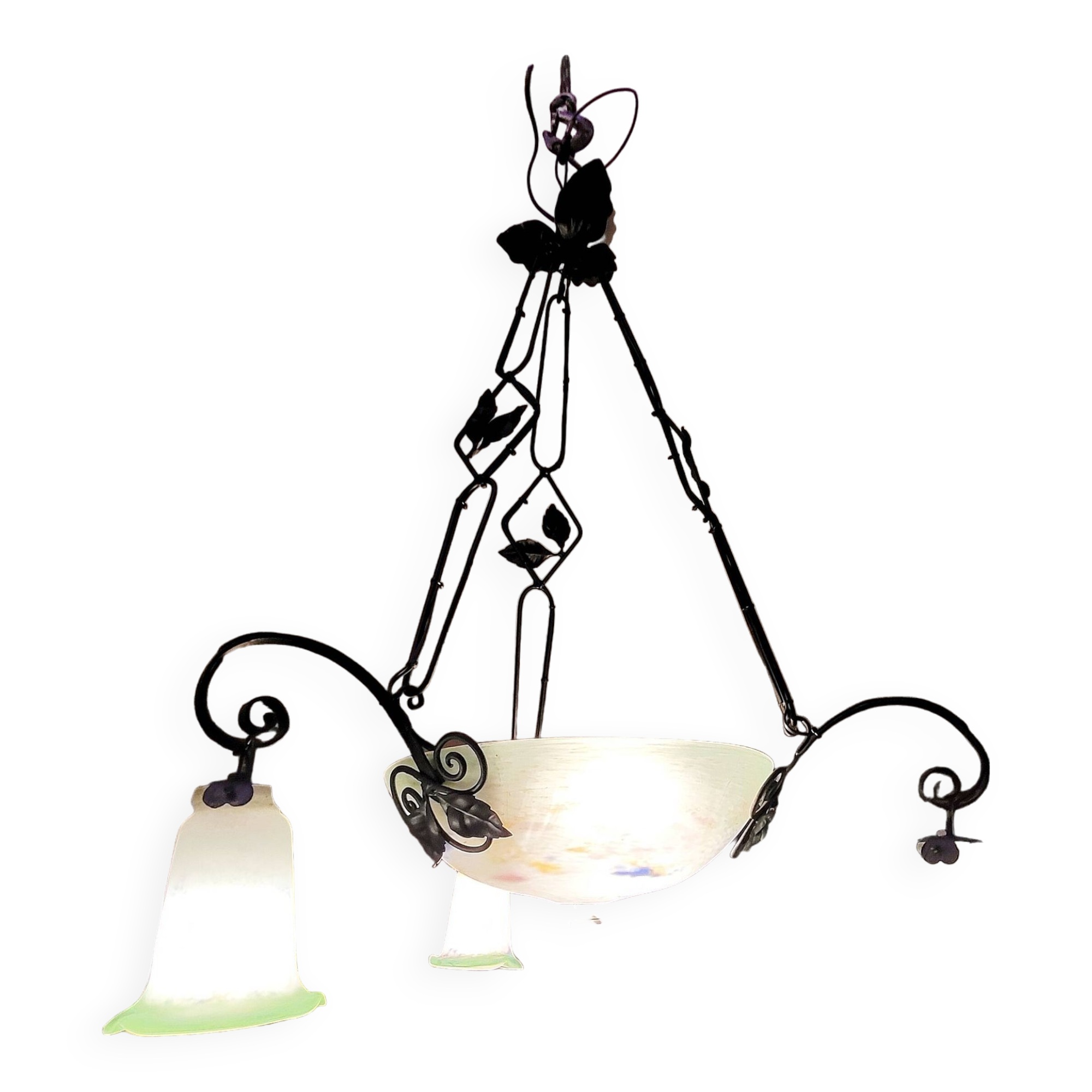 Magnificent Schneider chandelier with three branches - Opaline glass and metal