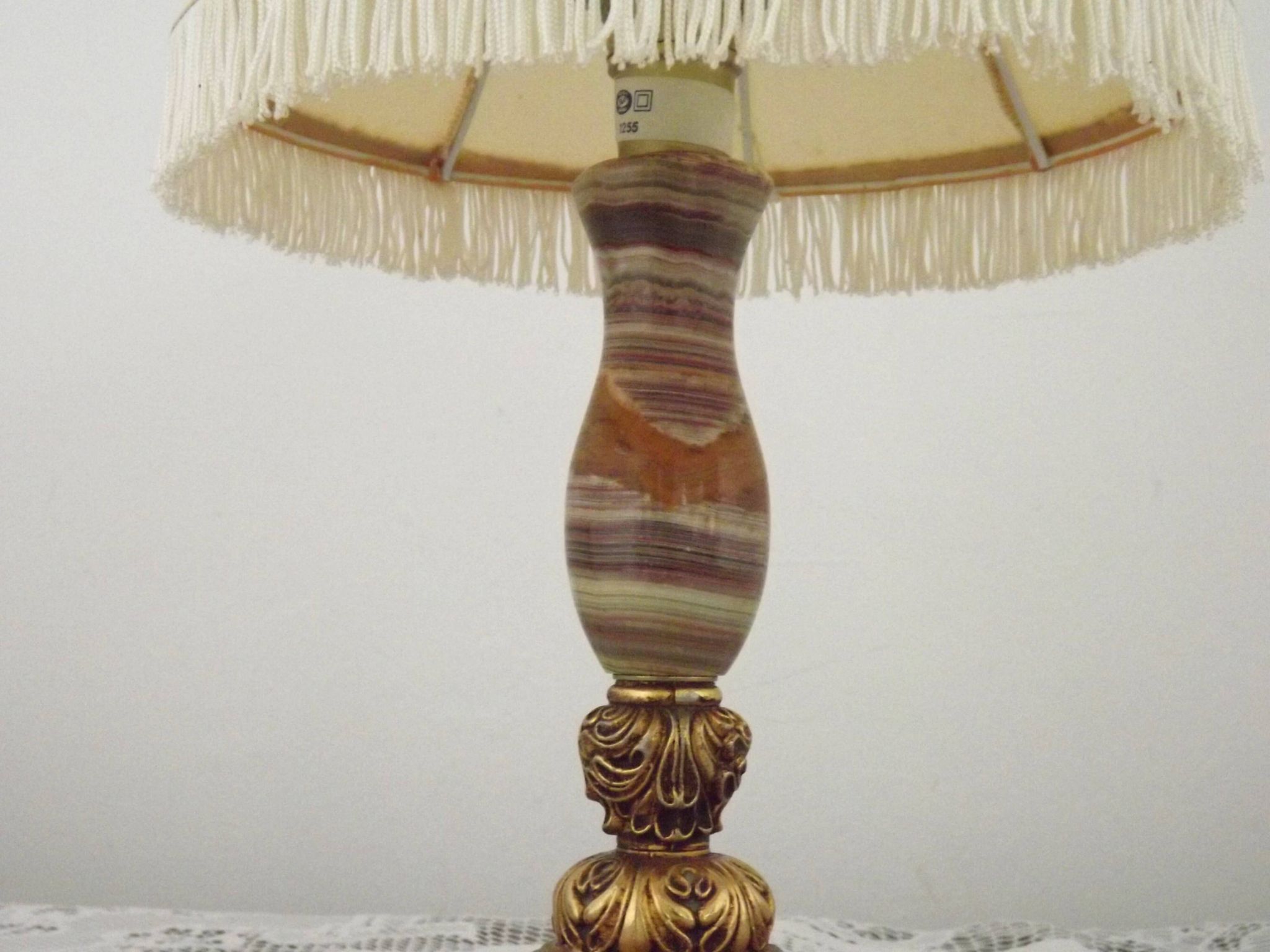 Vintage French Round Brass and Onyx Table Lamp With Cream Fringed Shade