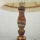 Vintage French Round Brass and Onyx Table Lamp With Cream Fringed Shade
