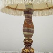 Vintage French Round Brass and Onyx Table Lamp With Cream Fringed Shade