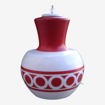 White opaline pendant lamp with red patterns 1970