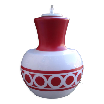 White opaline pendant lamp with red patterns 1970