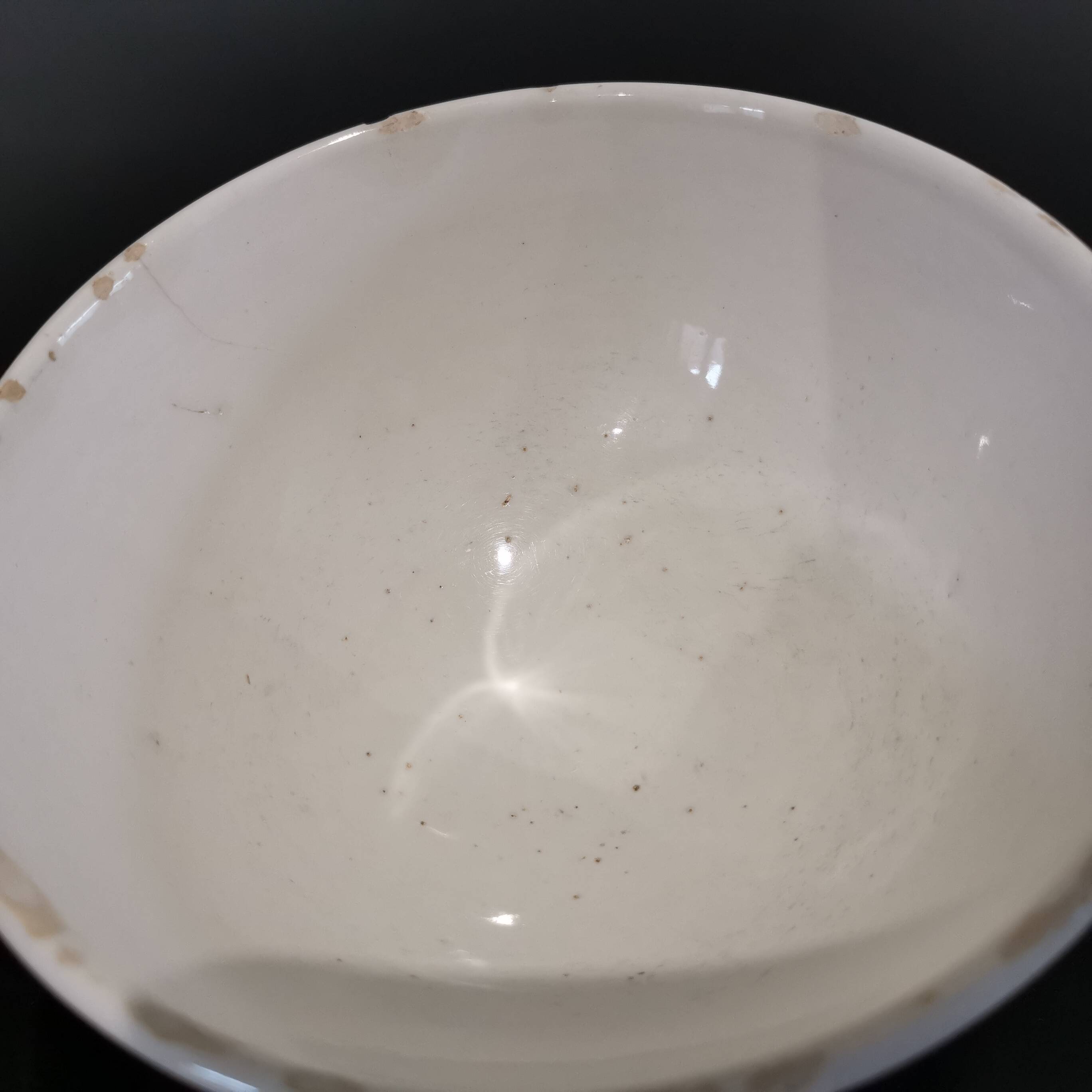 Old white bowl with blue edging Stamped Trèfle 50'S