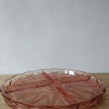 Plat de service à compartiments en verre pressé rose Art Déco