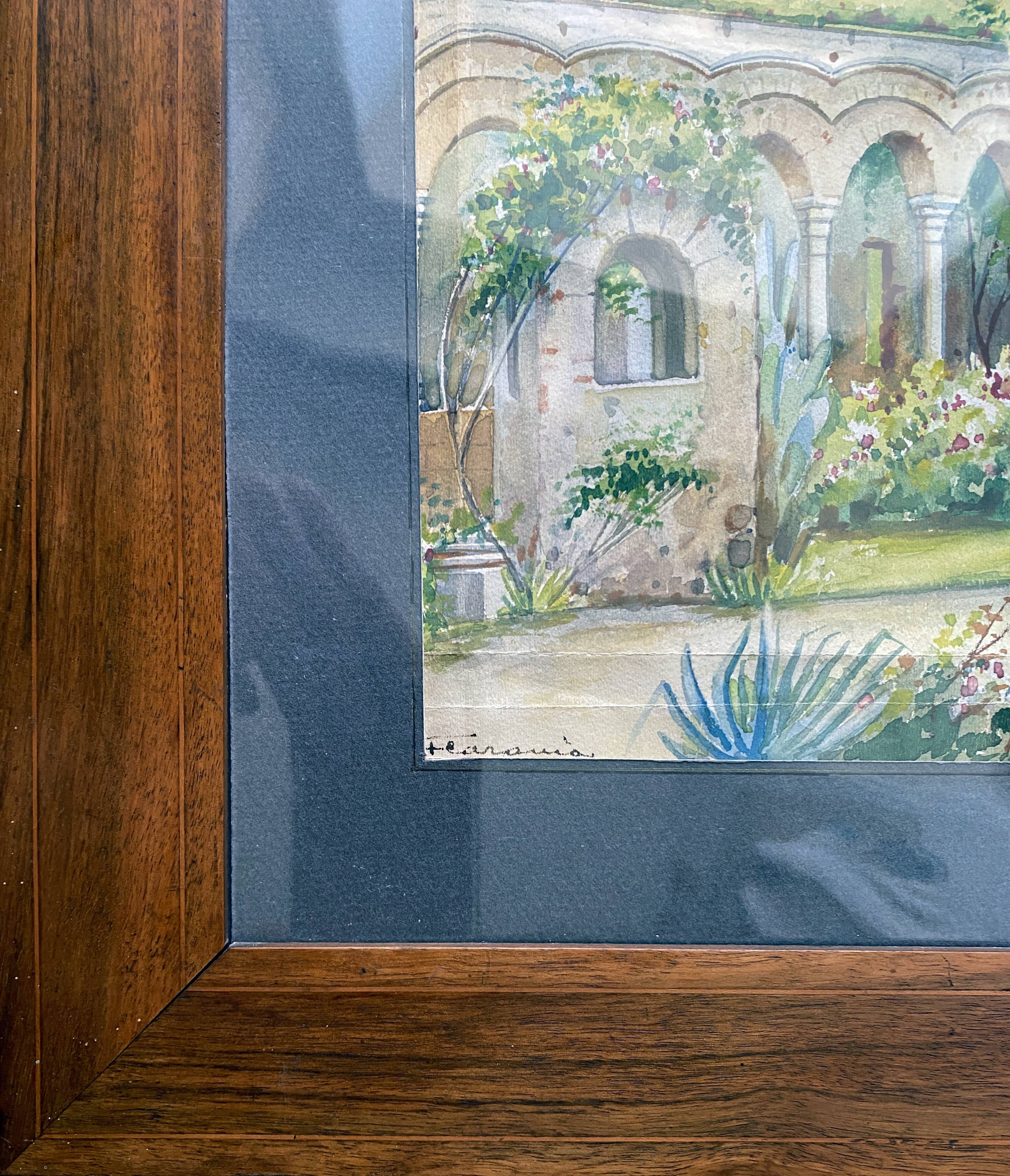 Orientalist watercolor painting "the Patio" signed + pitchpin frame