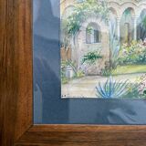Orientalist watercolor painting "the Patio" signed + pitchpin frame
