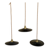 Trio de suspensions tôle émaillée noire et blanche vintage style indus