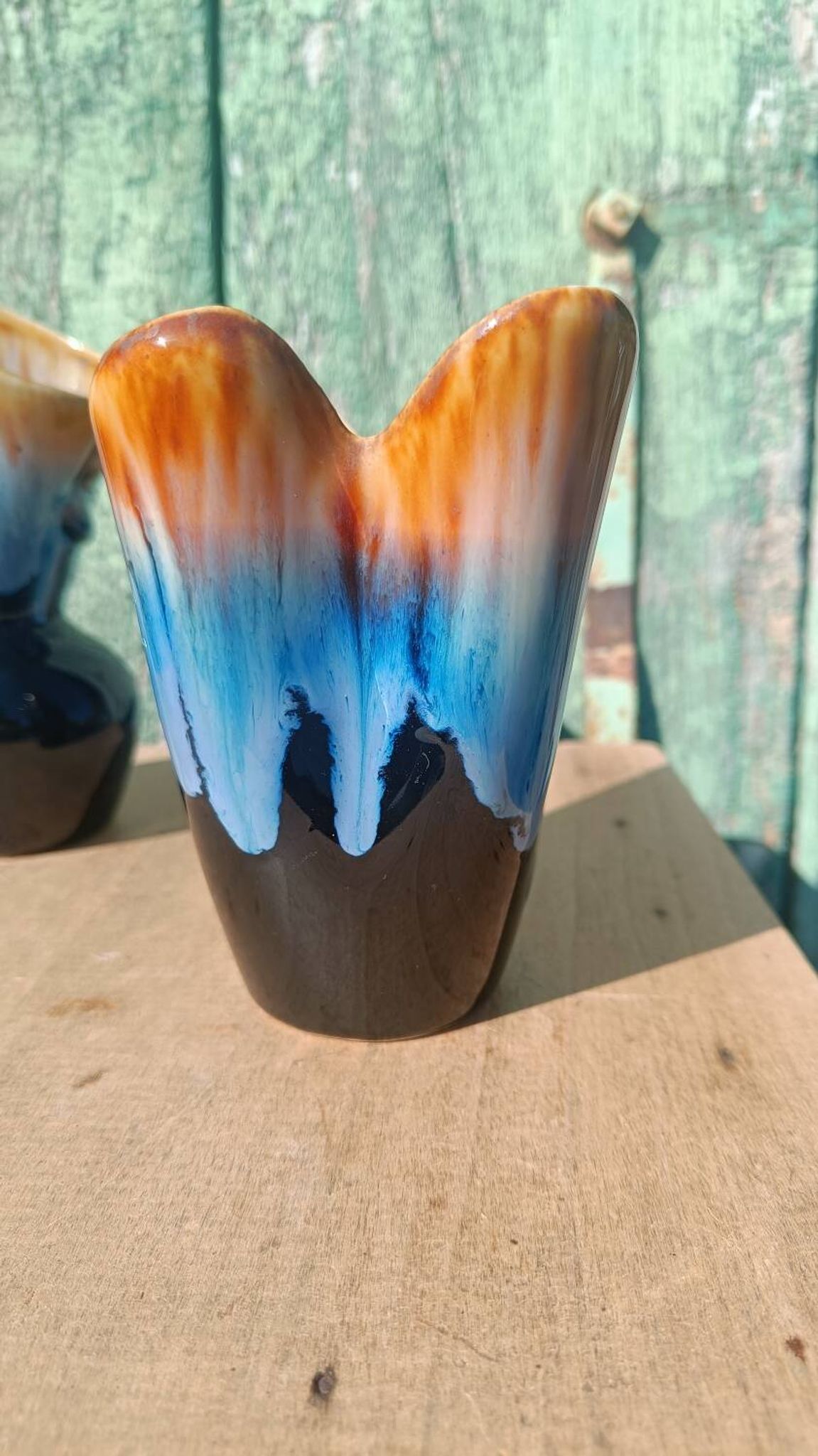 "Pair of vintage glazed ceramic vases – blue flamed glaze – ann"