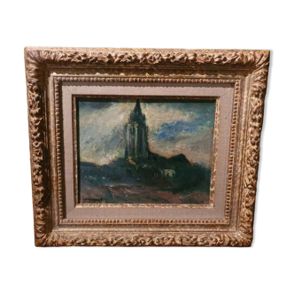 Isidore-marie peyret oil on canvas, the village church, mid-twentieth century signed