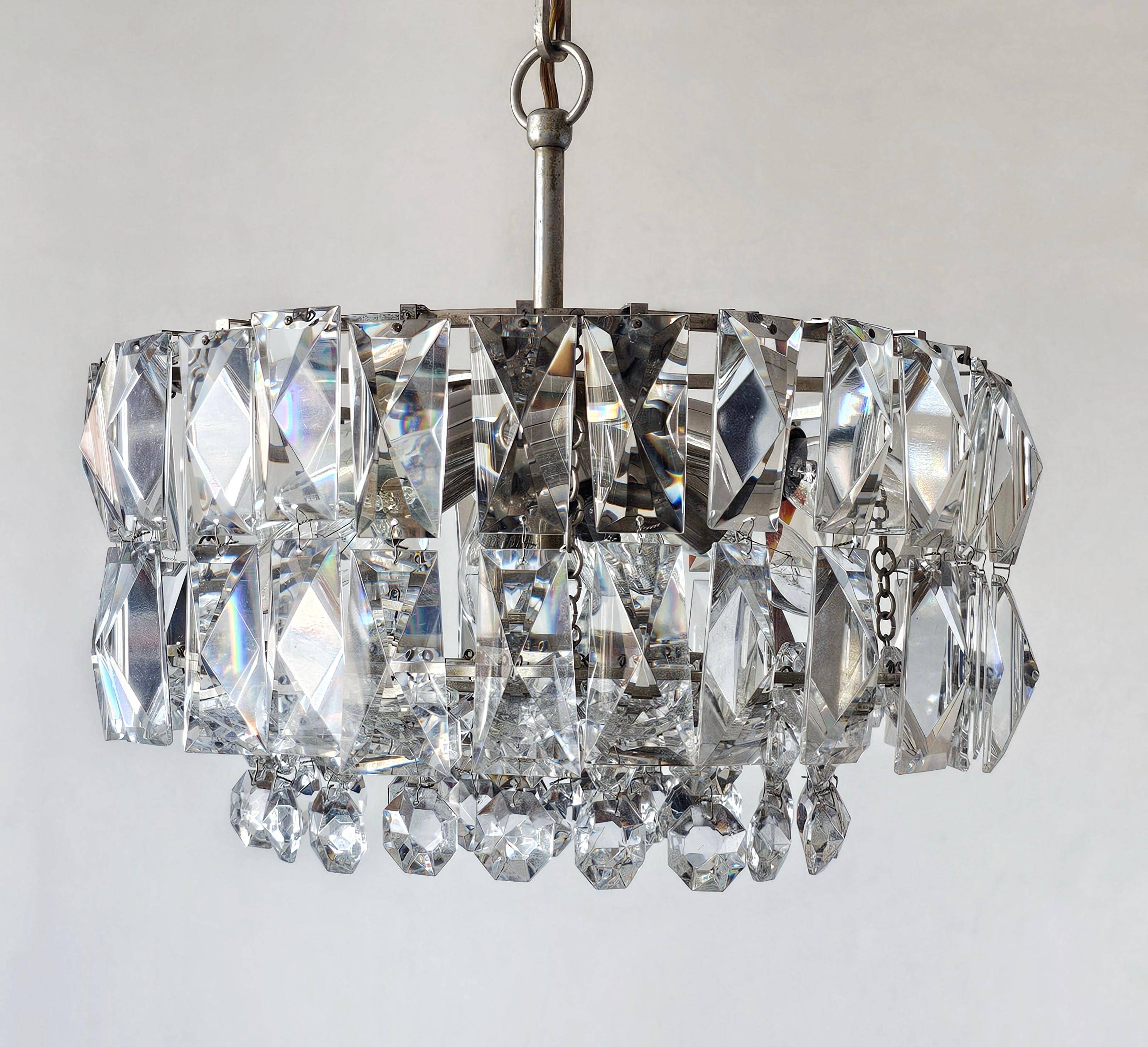 Nickel-plated crystal chandelier Mid Century Modern by Bakalowits
