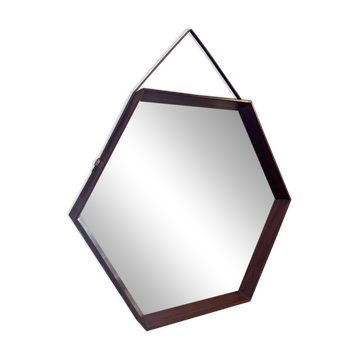 Vintage hexagonal mirror in teak