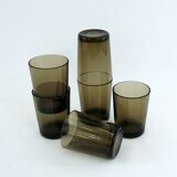 6 smoked brown tempered glass cups - Vereco France - vintage 70s