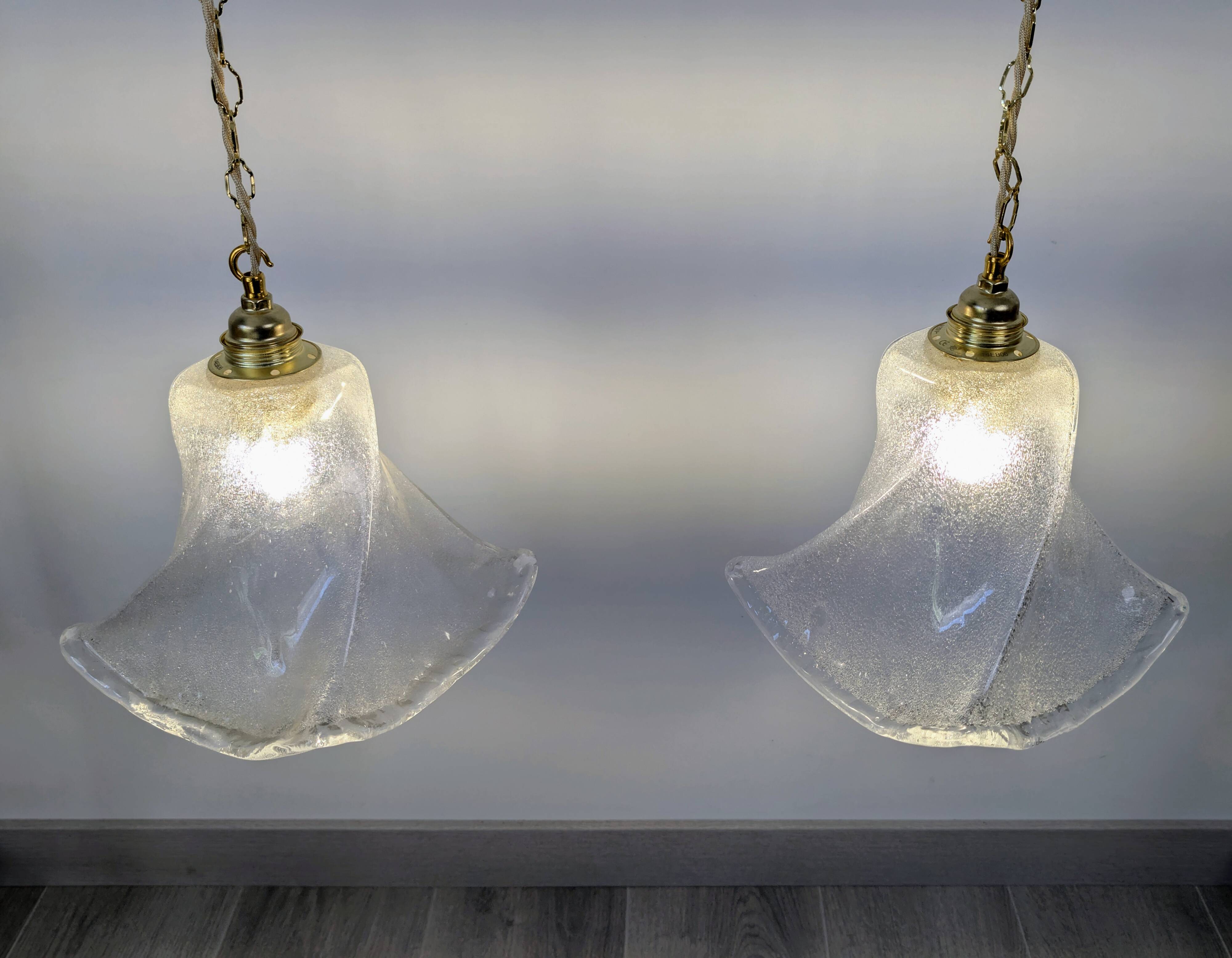 Pair of granite glass and brass pendant lights – poetic elegance