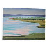 Tableau Huile sur Toile Paysage Lacustre étendue d'eau signé Doan Inger