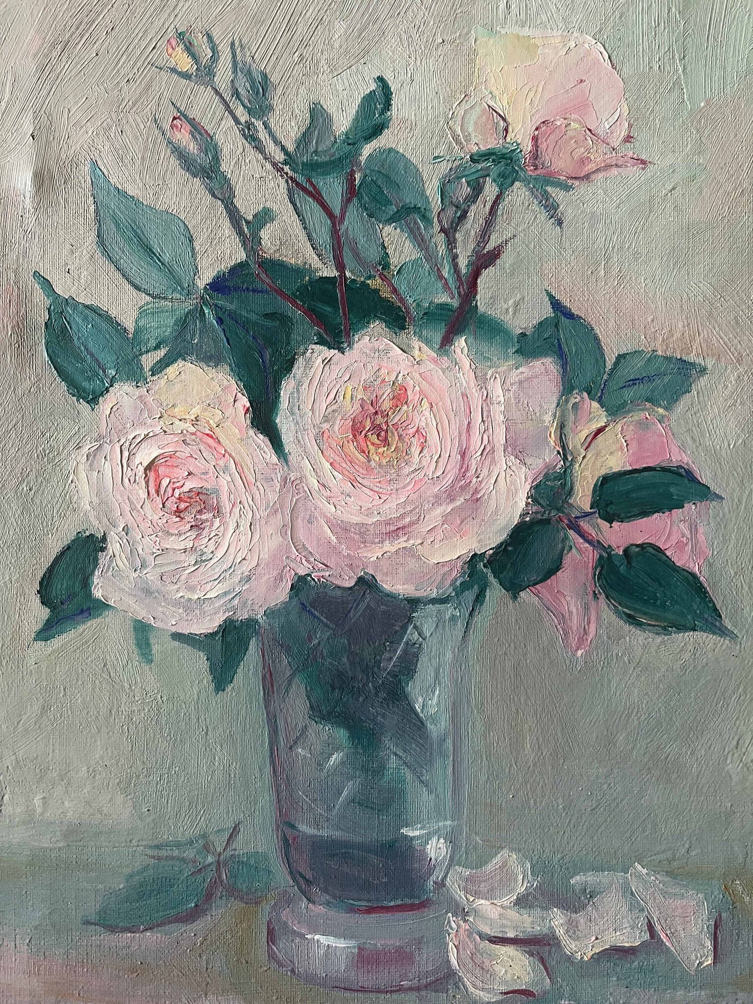 Old painting HST "Bouquet of Roses in a Vase" signed 1959