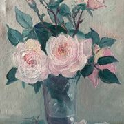 Old painting HST "Bouquet of Roses in a Vase" signed 1959
