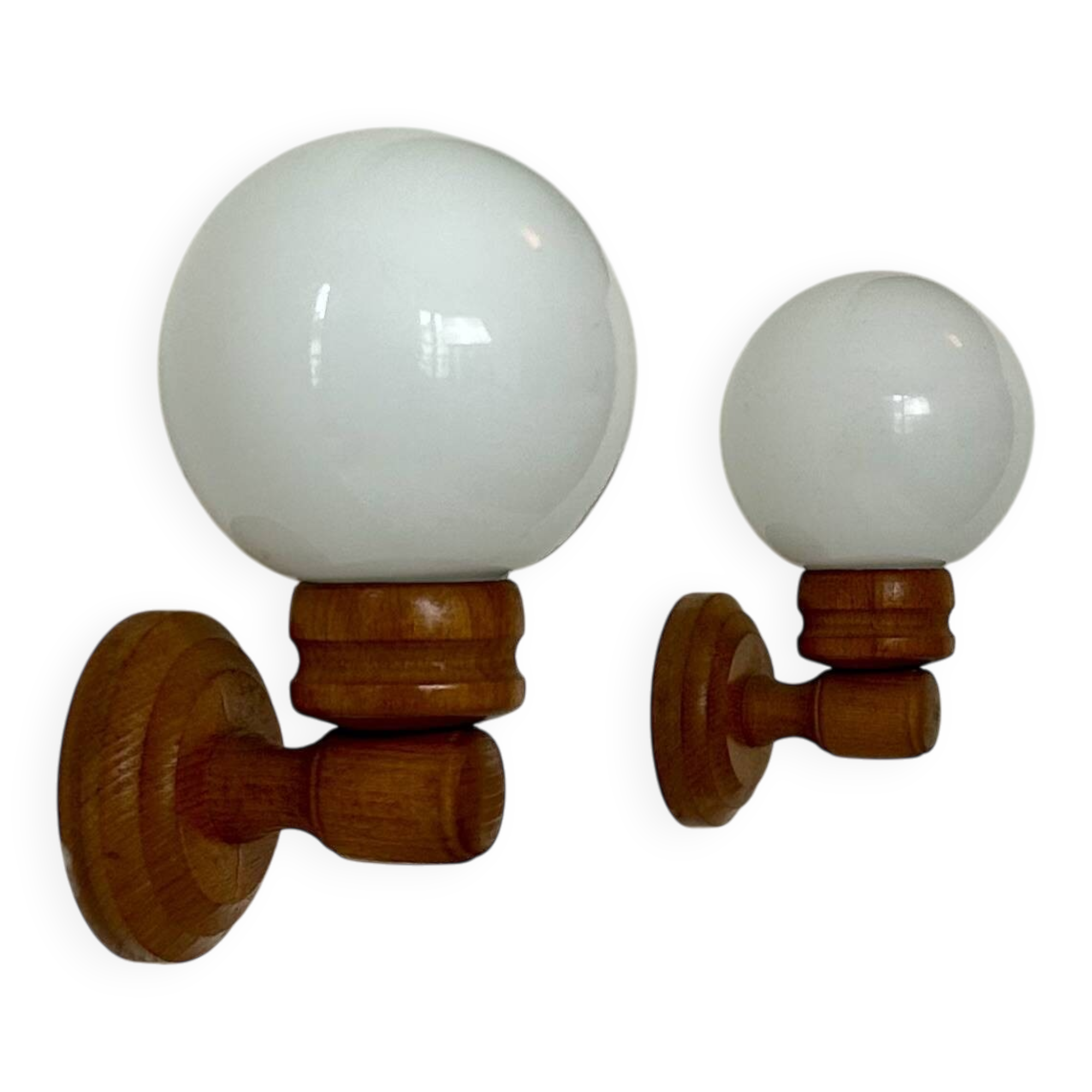 Pair of vintage wall lights, pine and opaline glass, France, 1980