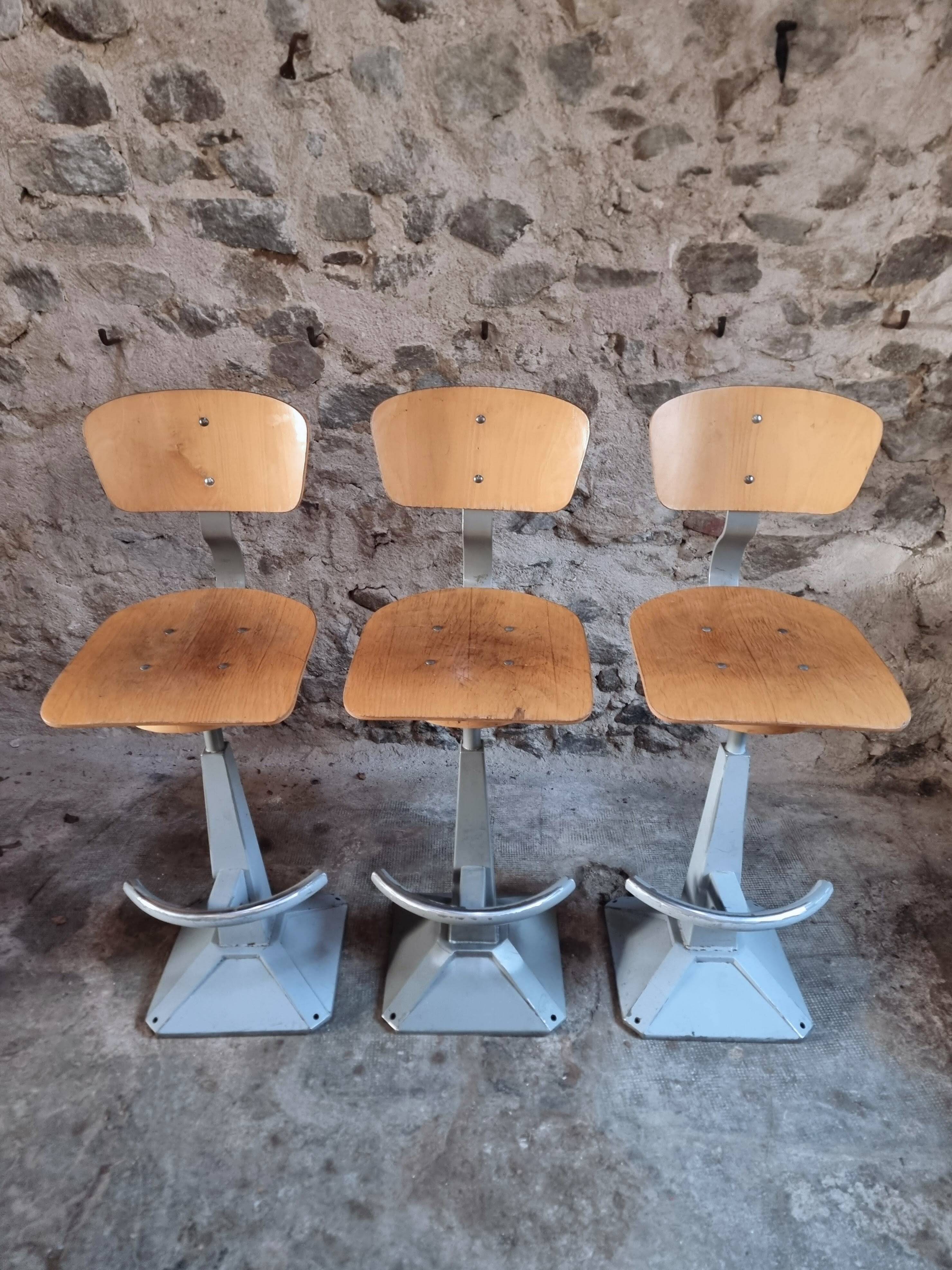 Set of 3 industrial swivel workshop chairs – fixed height bar stools – mid-century factory seats