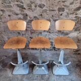 Set of 3 industrial swivel workshop chairs – fixed height bar stools – mid-century factory seats