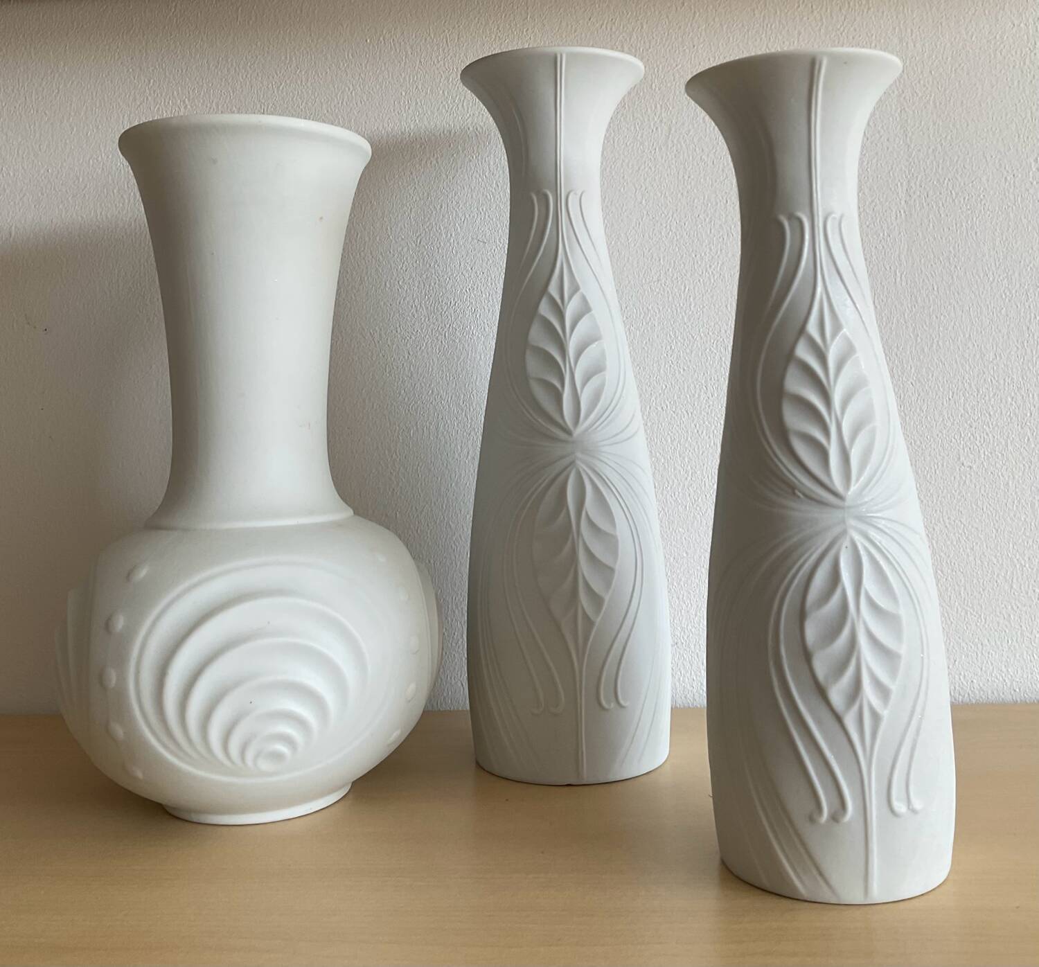 Trio of Op Art vases by KPM Germany in biscuit porcelain
