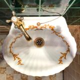 VINTAGE SHELL WASHBASIN SET PORCELAIN OF PARIS SHELVES BASIN AND TOWEL RACK