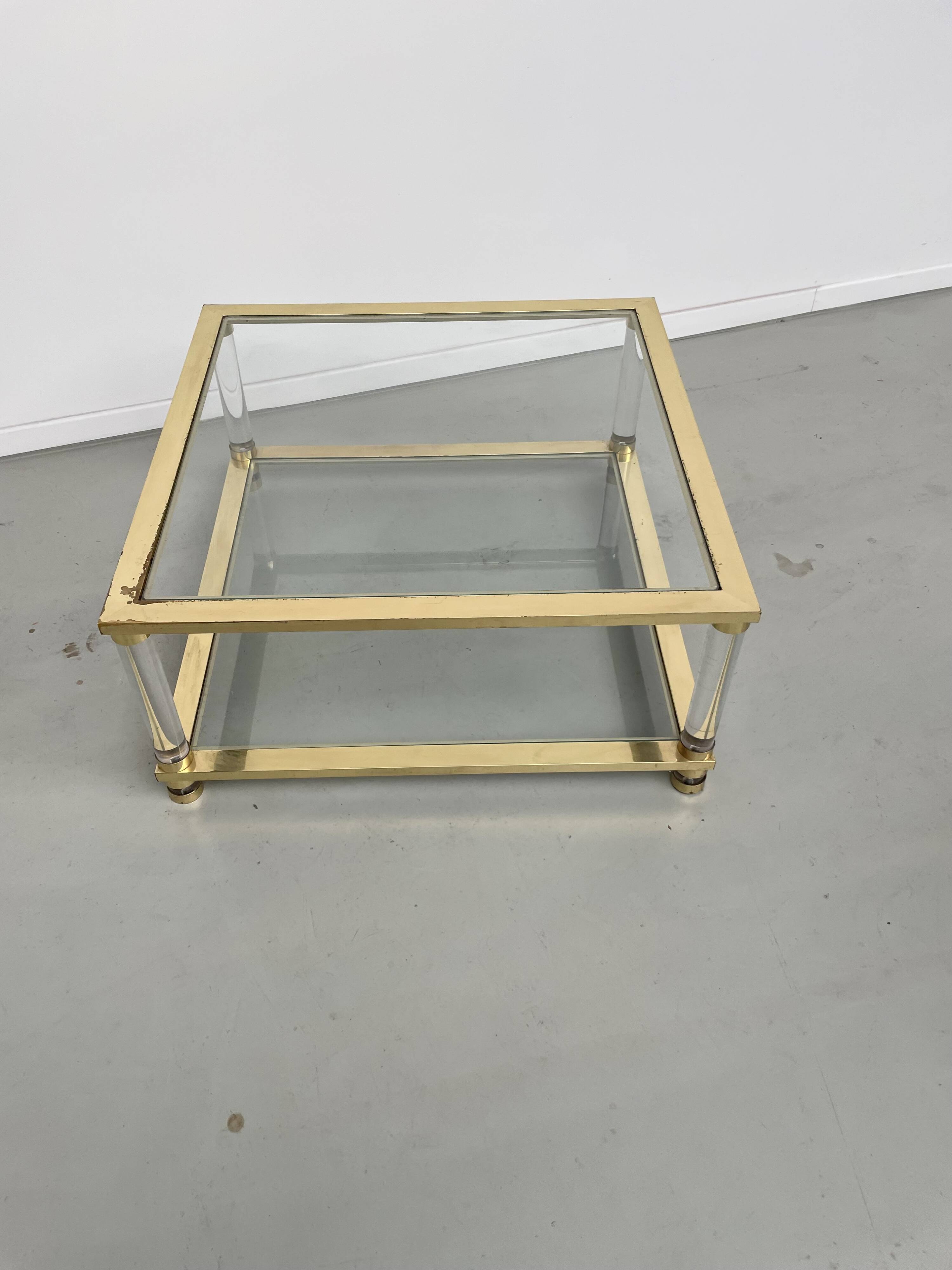 1970s lucite, brass and glass coffee table