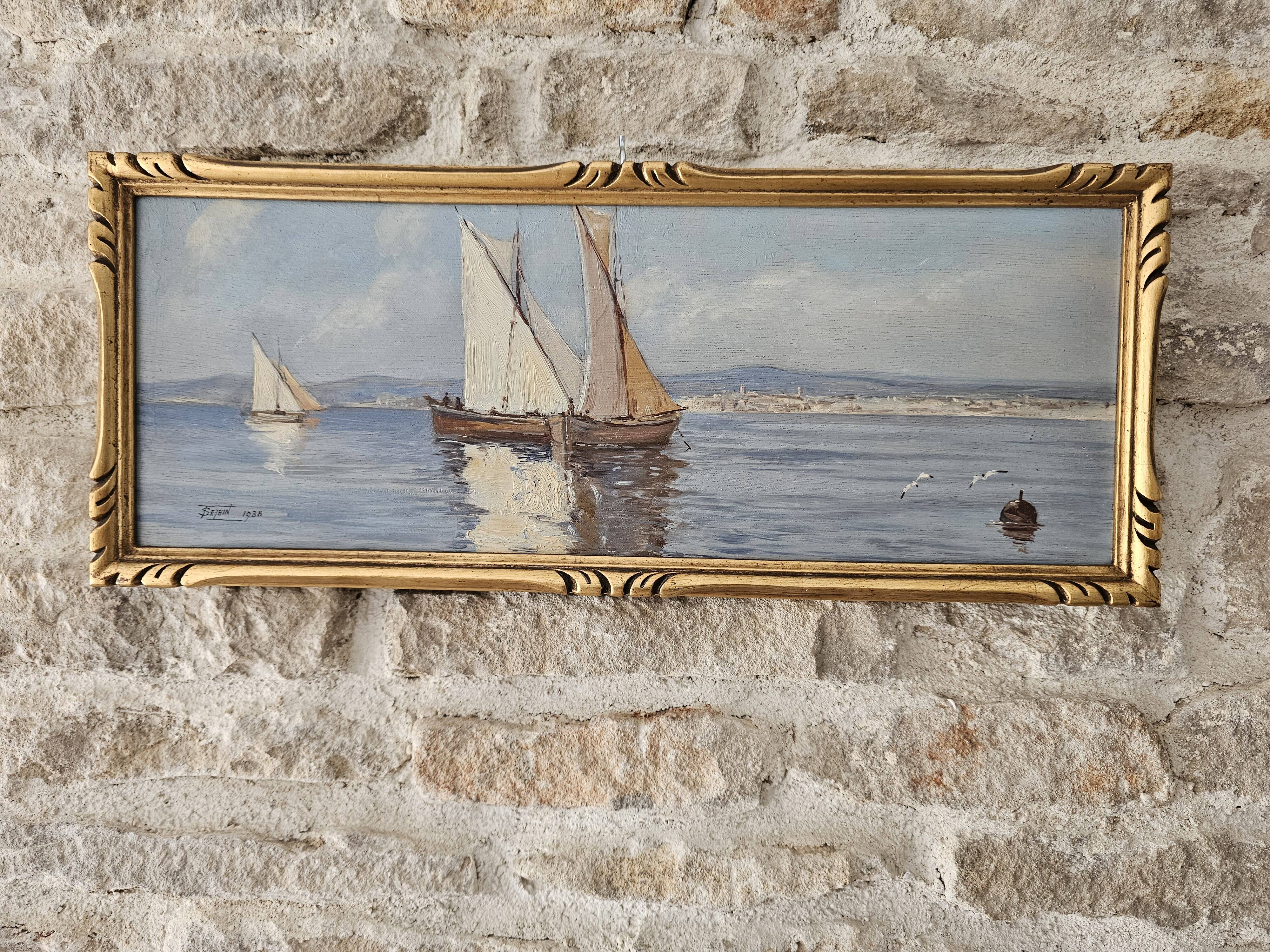 Set of 2 Oil Paintings on Wooden Panels Marine Sailboats Signed Salain