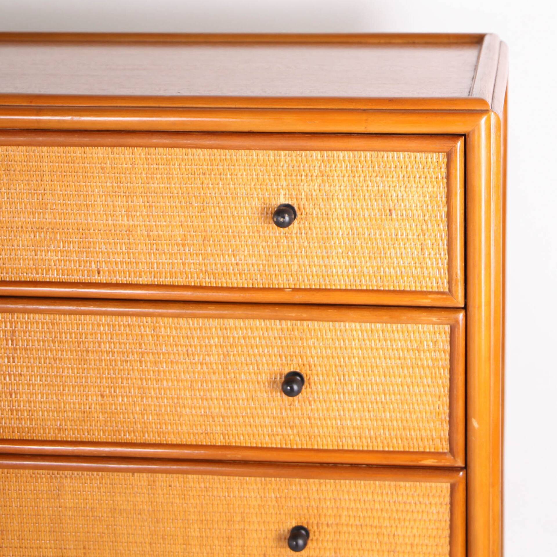 Pair of rattan and wood bedside tables