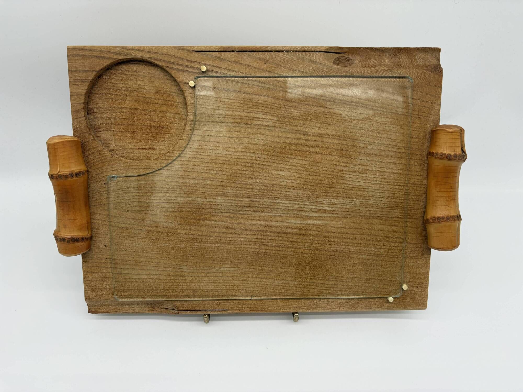 Wood and bamboo vintage plateau, glass, 1960