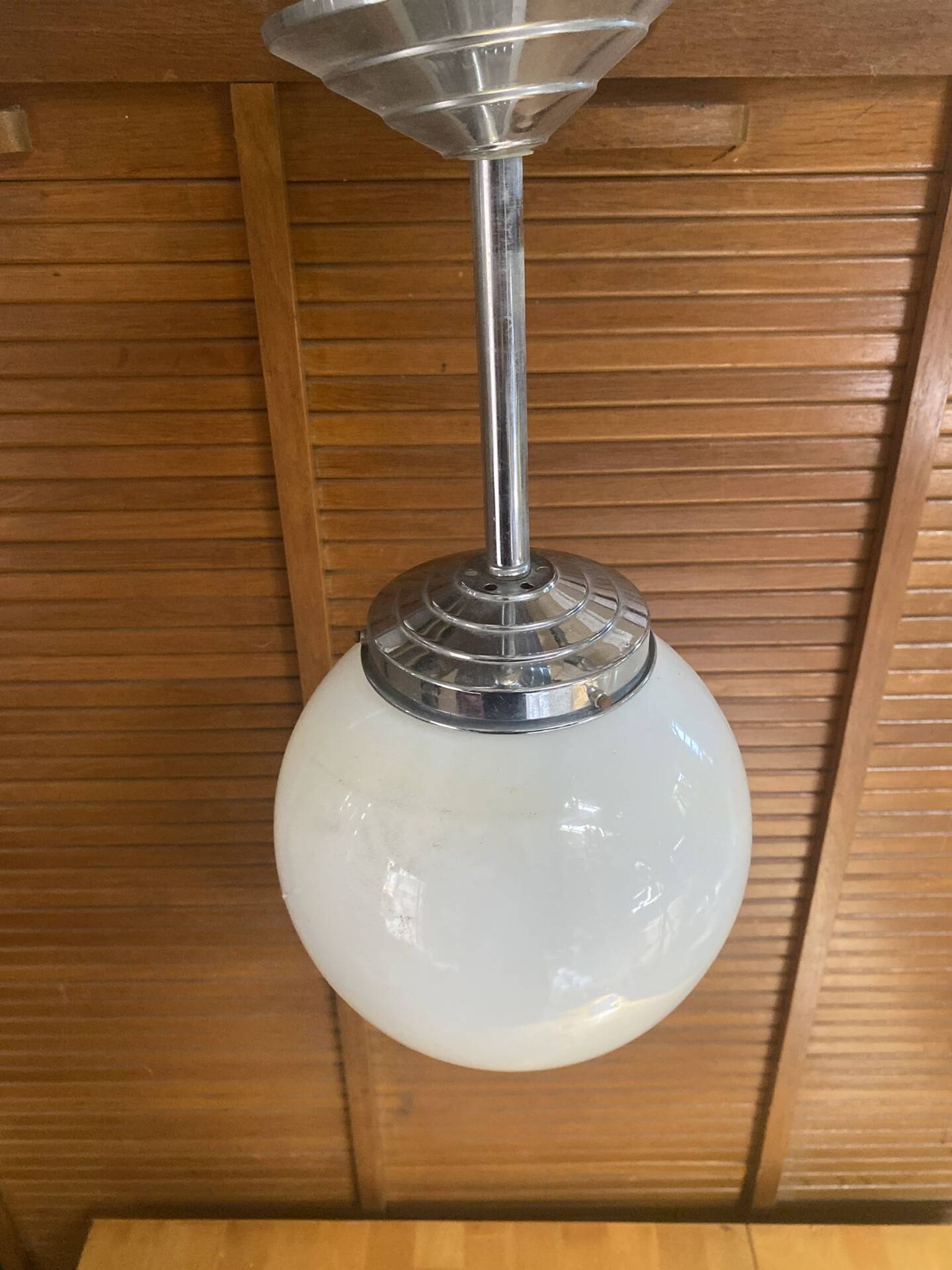 Vintage Ceiling Light Opaline White Ball Pendant + Aluminium Support 50s