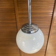 Vintage Ceiling Light Opaline White Ball Pendant + Aluminium Support 50s