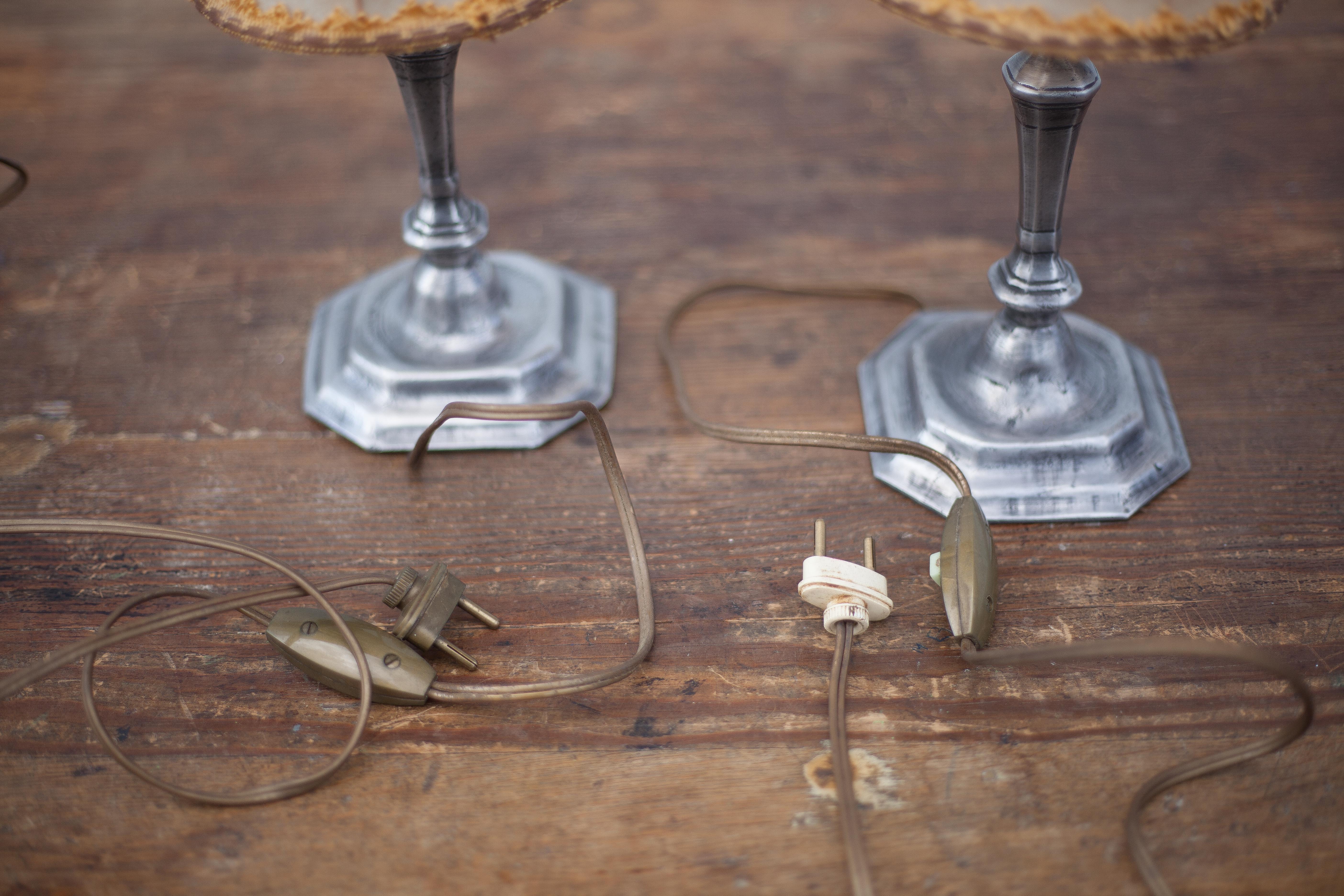 Vintage lamp pair, bedside lamp, tin lamp stand with lampshade, interior décor