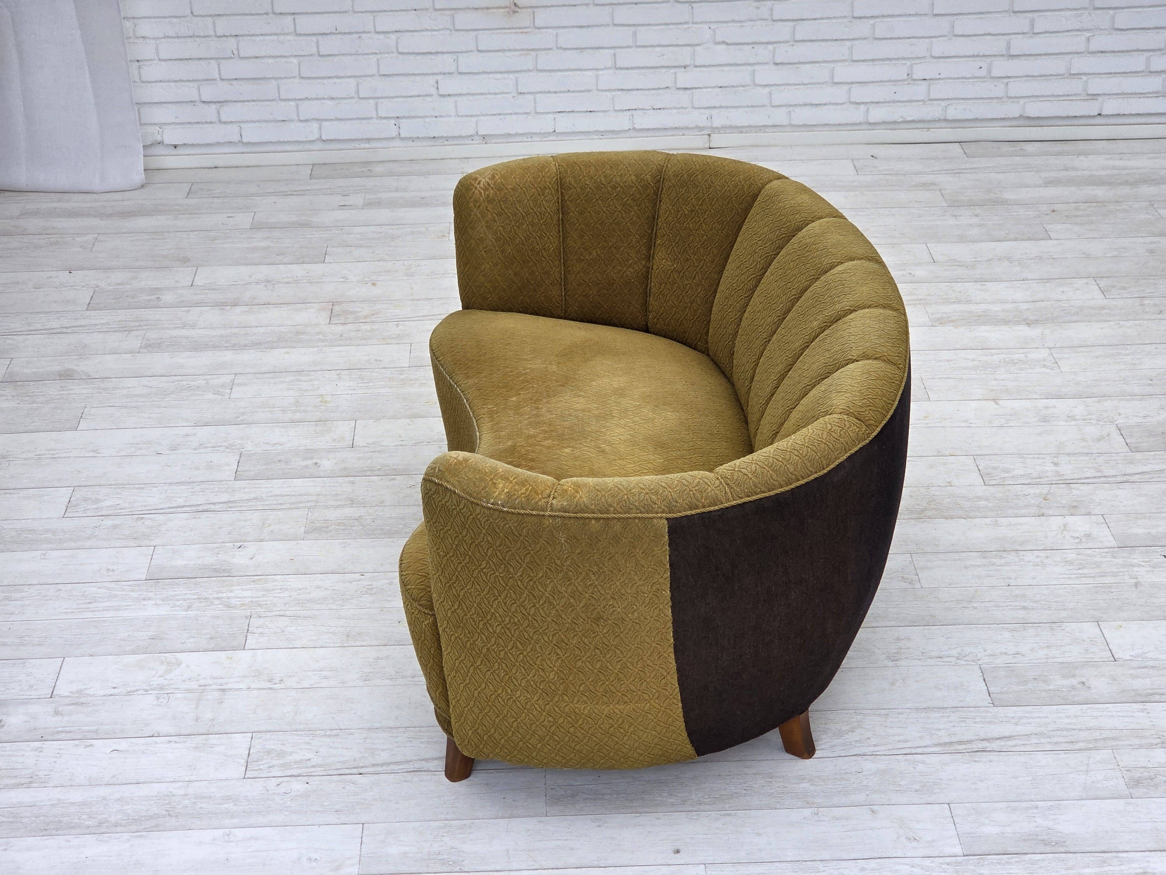 1960s, Danish 2-seater "Banan" sofa, green furniture wool, ash wood.