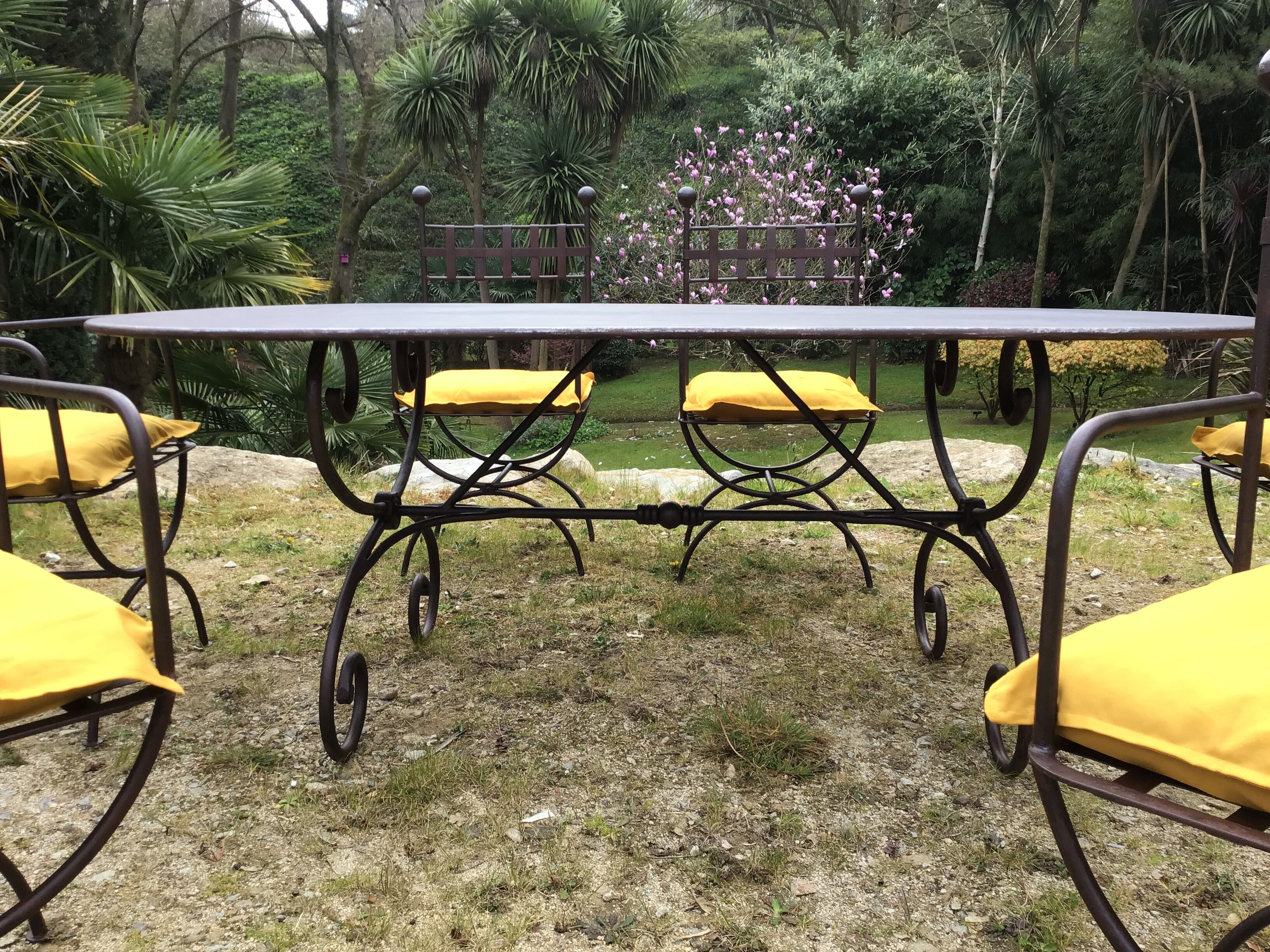 Table & 6 wrought iron chairs, 6 cushions