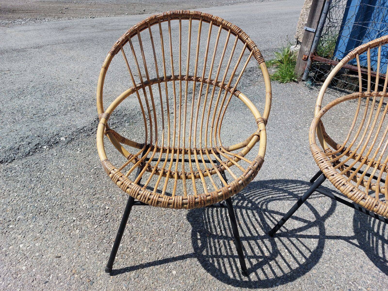 Lot de 3 fauteuils corbeille vintage en rotin Rohé Noordwolde - Années 60
