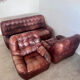 Ensemble canapé et 2 fauteuils vintage en cuir camel patchwork design années 70