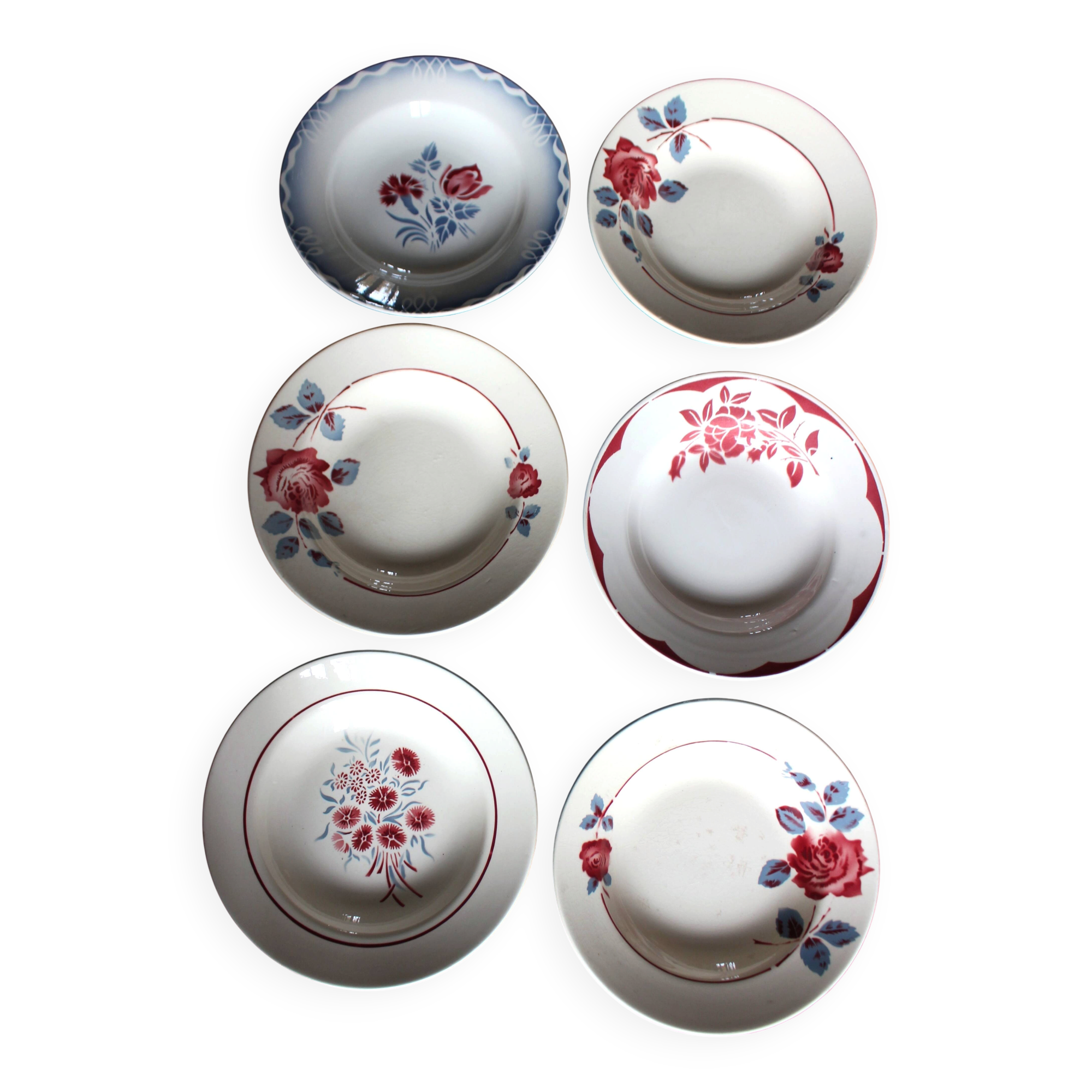 6 mismatched deep plates red blue Art Deco Badonviller Digoin