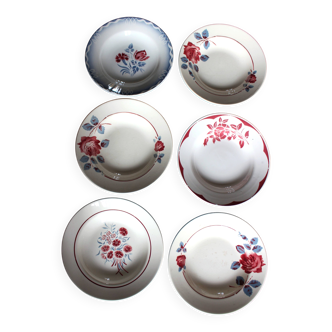 6 mismatched deep plates red blue Art Deco Badonviller Digoin