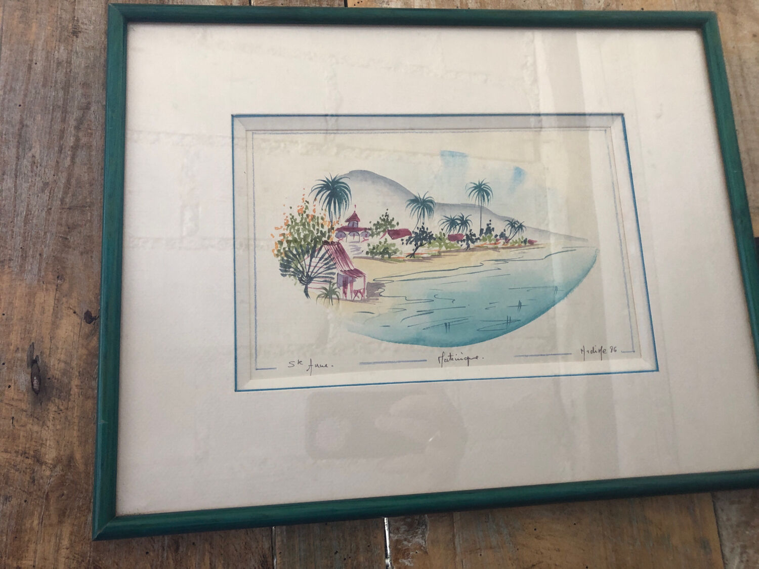 Watercolor painting nadine martinique st anne + wood frame #a224