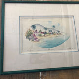 Watercolor painting nadine martinique st anne + wood frame #a224