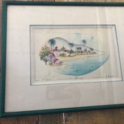 Watercolor painting nadine martinique st anne + wood frame #a224