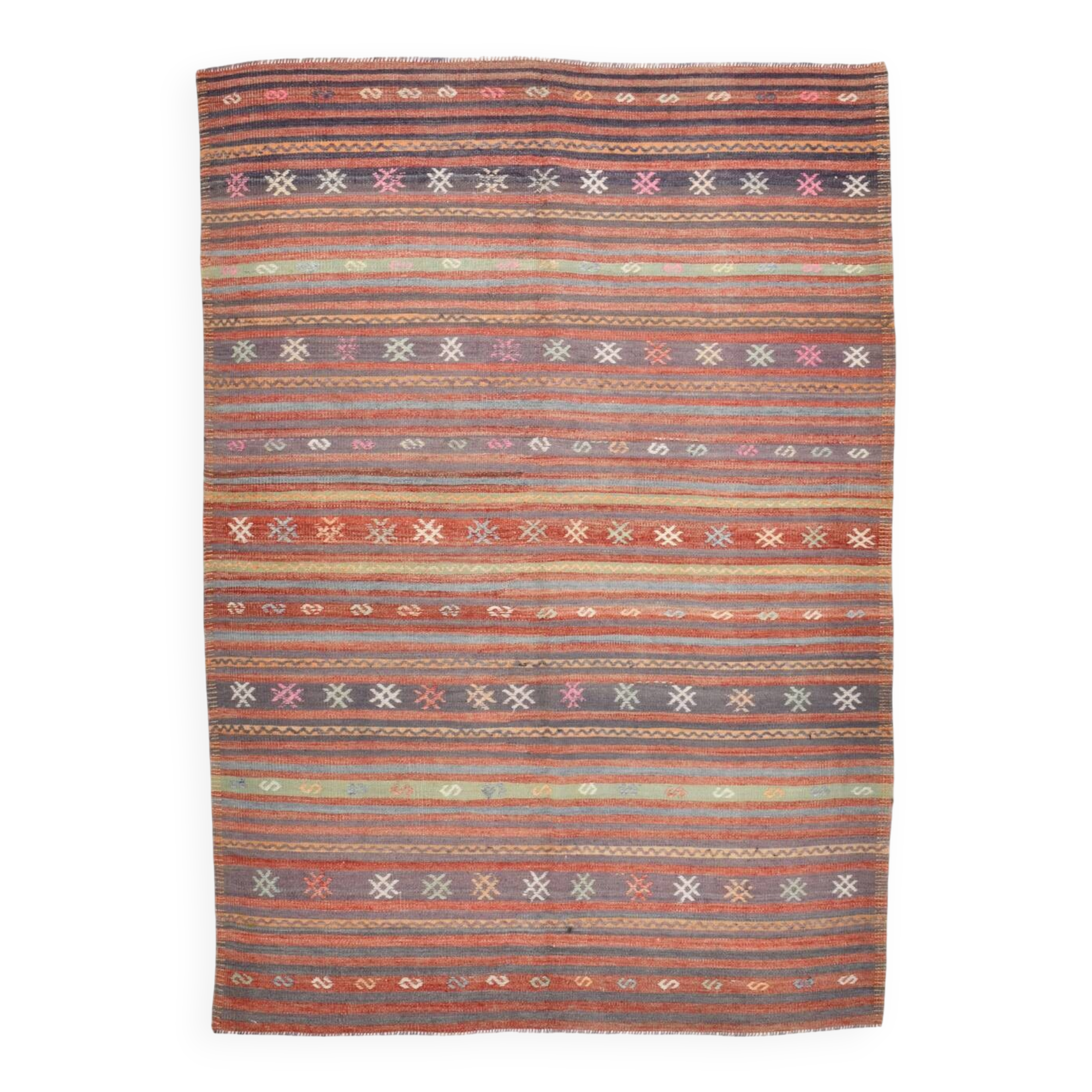 Red & Blue Pinstriped Pattern Vintage Kilim Rug, 156x221Cm