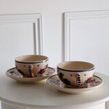 Lot de 2 tasses + soucoupes HB Quimper décor floral F436 – Peintes main