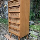 Chiffonnier vintage en rotin et pieds compas 1950