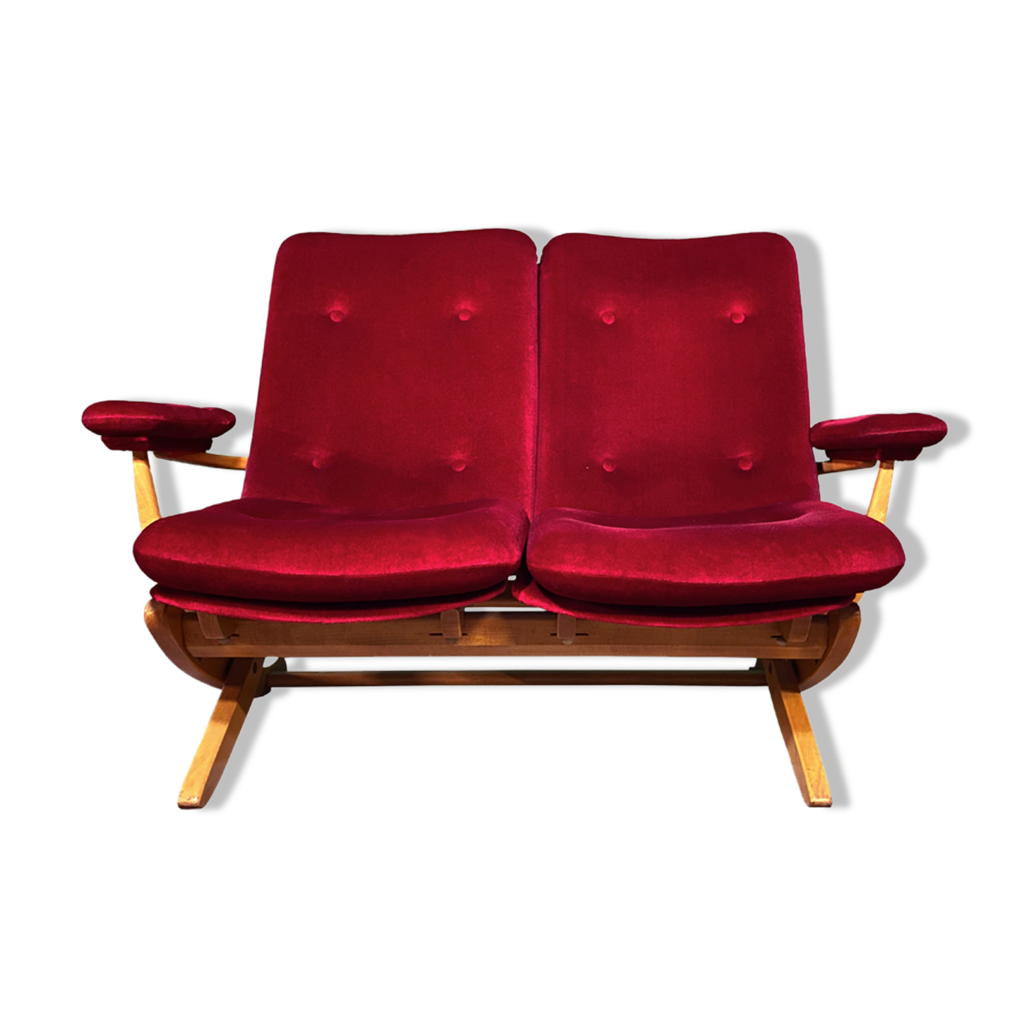 2-seater red velvet sofa end of 1970