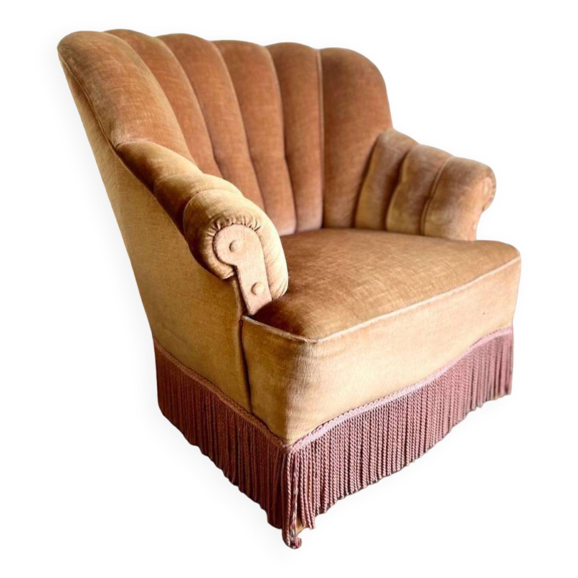 Canapé vintage rose poudré/place simple/fauteuil à franges